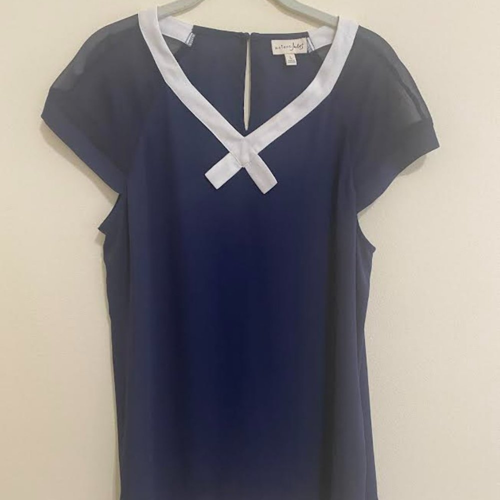 Maison Jules Navy Blouse with white Bow Collar -  Size L